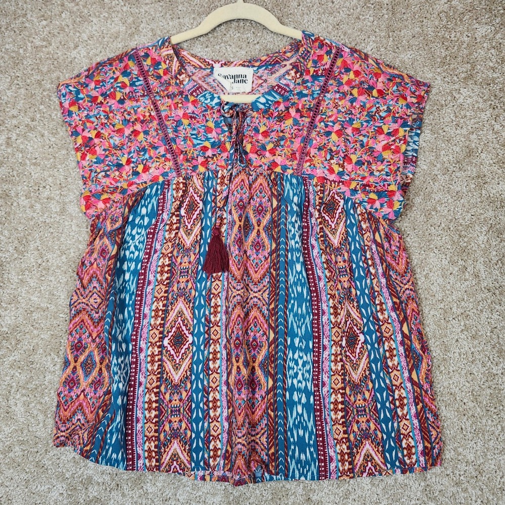 Savanna Jane Top‎ Embroidered Floral Geometric Ikat Print Boho Tassel Small